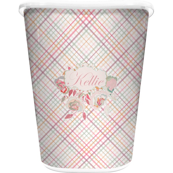 Custom Modern Plaid & Floral Waste Basket - Double Sided (White) (Personalized)