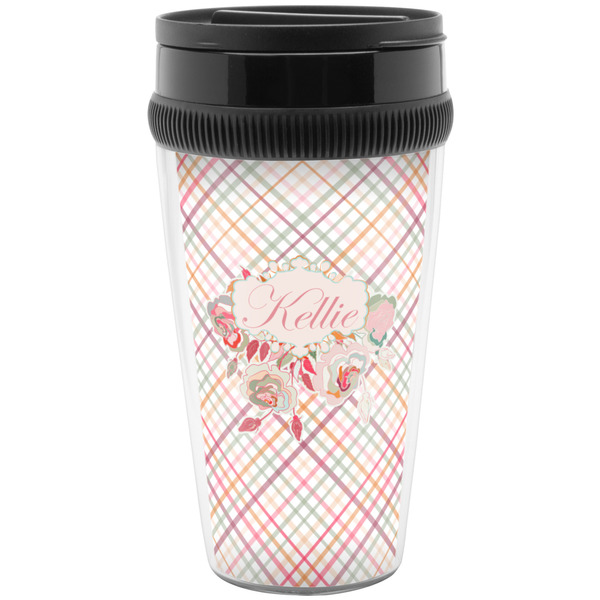 Custom Modern Plaid & Floral Acrylic Travel Mug without Handle (Personalized)