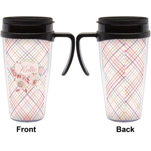 Modern Plaid & Floral Travel Mug with Black Handle - Approval