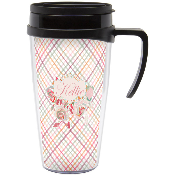 Custom Modern Plaid & Floral Acrylic Travel Mug with Handle (Personalized)