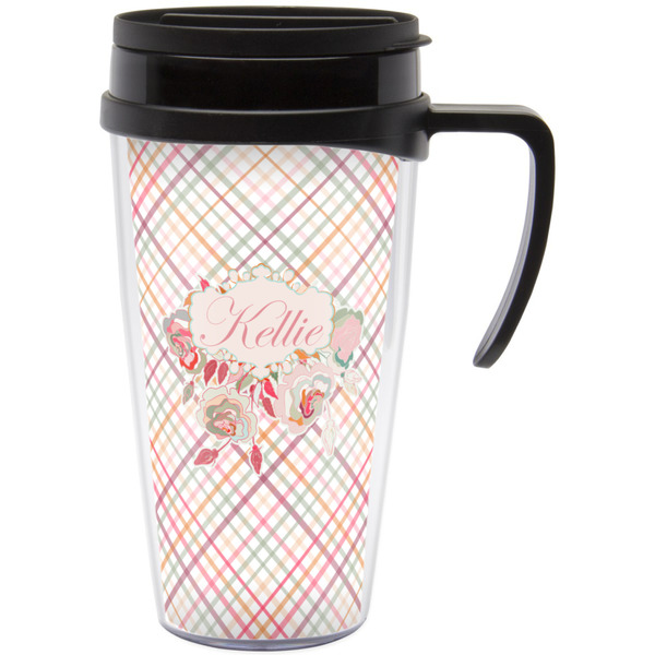Custom Modern Plaid & Floral Acrylic Travel Mug with Handle (Personalized)