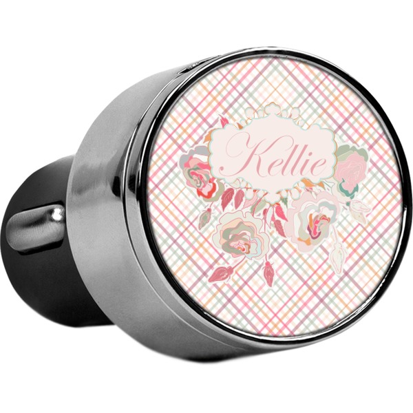 Custom Modern Plaid & Floral USB Car Charger (Personalized)