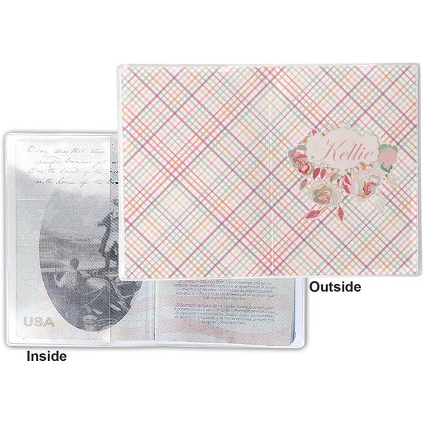 Modern Plaid & Floral Vinyl Passport Holder - Flat Front and Back