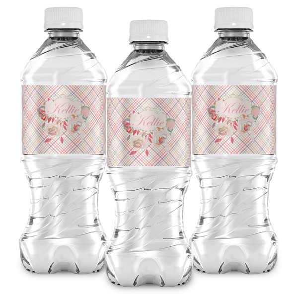 Modern Plaid & Floral Water Bottle Labels - Front View