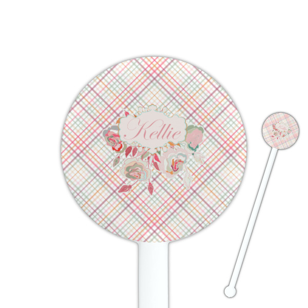 Custom Modern Plaid & Floral 5.5" Round Plastic Stir Sticks - White - Single Sided (Personalized)