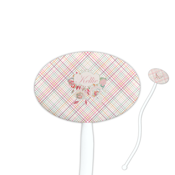 Custom Modern Plaid & Floral 7" Oval Plastic Stir Sticks - White - Double Sided (Personalized)
