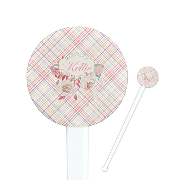 Custom Modern Plaid & Floral 7" Round Plastic Stir Sticks - White - Single Sided (Personalized)
