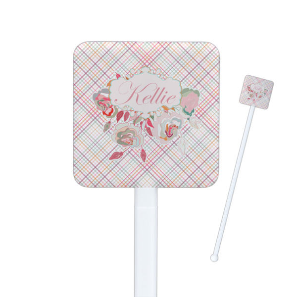 Custom Modern Plaid & Floral Square Plastic Stir Sticks - Double Sided (Personalized)