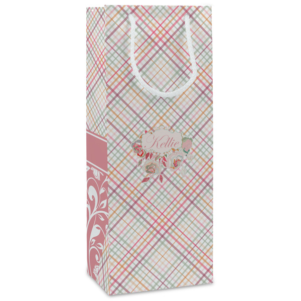 Custom Modern Plaid & Floral Wine Gift Bags - Gloss (Personalized)