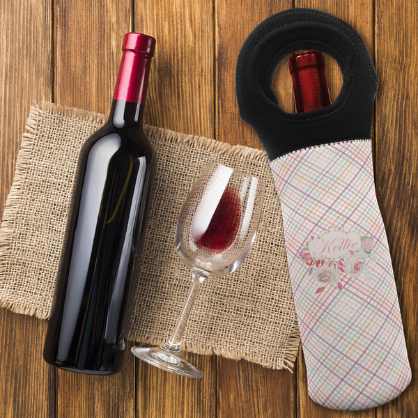 Modern Plaid & Floral Wine Tote Bag - FLATLAY