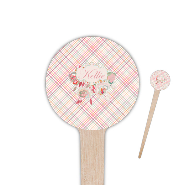 Custom Modern Plaid & Floral 4" Round Wooden Food Picks - Single Sided (Personalized)