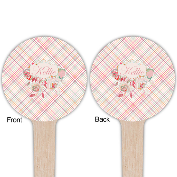 Modern Plaid & Floral Wooden 4" Food Pick - Round - Double Sided - Front & Back