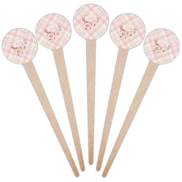 Modern Plaid & Floral Wooden 4" Food Pick - Round - Fan View