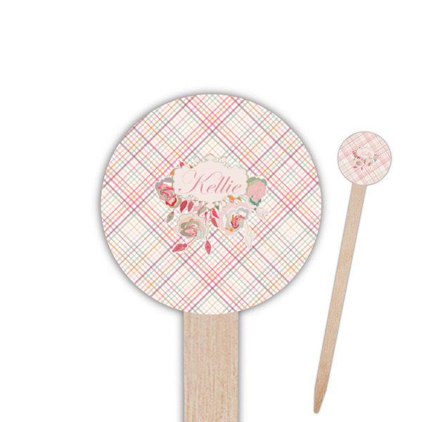 Custom Modern Plaid & Floral Round Wooden Food Picks (Personalized)