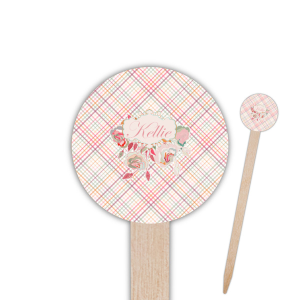 Custom Modern Plaid & Floral 6" Round Wooden Food Picks - Double Sided (Personalized)
