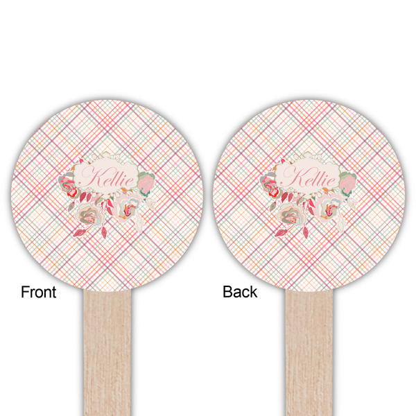 Modern Plaid & Floral Wooden 6" Food Pick - Round - Double Sided - Front & Back