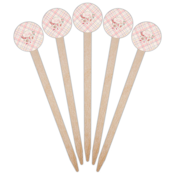 Modern Plaid & Floral Wooden 6" Food Pick - Round - Fan View