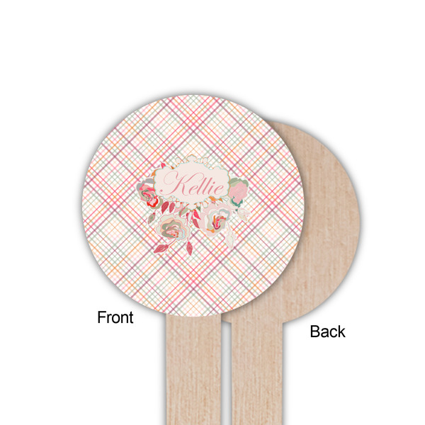 Modern Plaid & Floral Wooden 6" Food Pick - Round - Single Sided - Front & Back