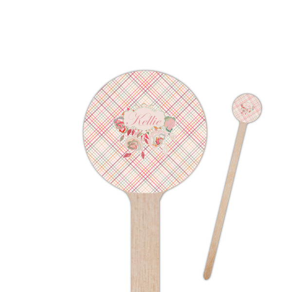 Custom Modern Plaid & Floral 7.5" Round Wooden Stir Sticks - Single Sided (Personalized)
