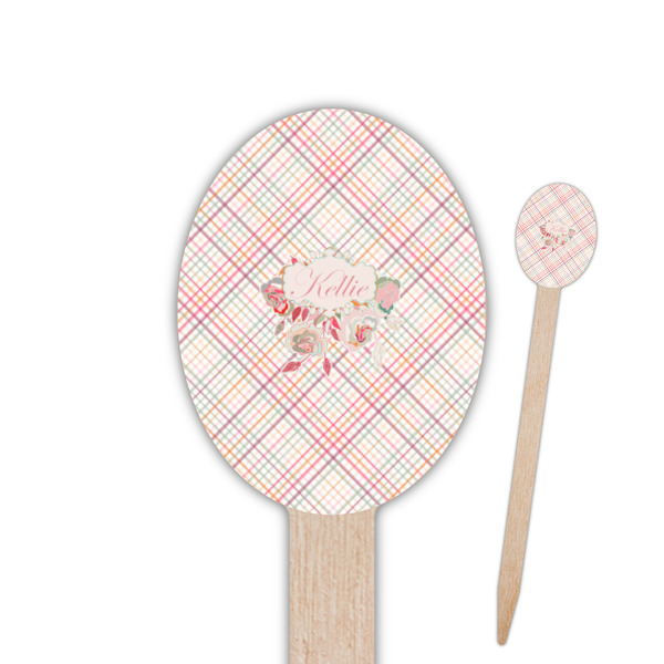 Custom Modern Plaid & Floral Oval Wooden Food Picks - Double Sided (Personalized)