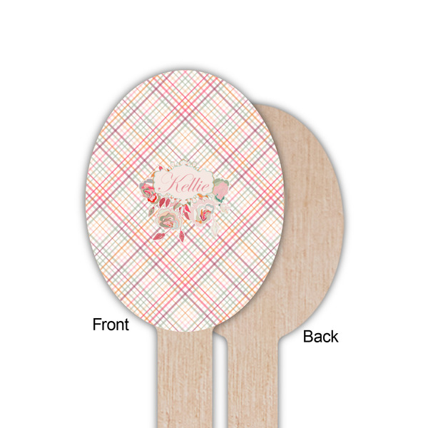 Modern Plaid & Floral Wooden Food Pick - Oval - Single Sided - Front & Back