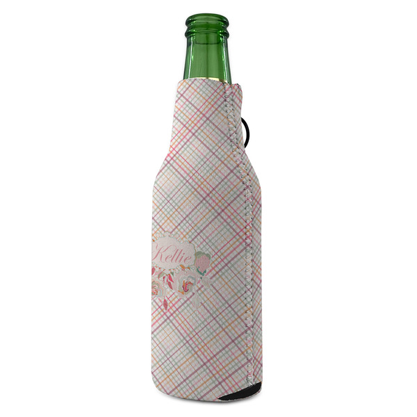 Modern Plaid & Floral Zipper Bottle Cooler - ANGLE (bottle)
