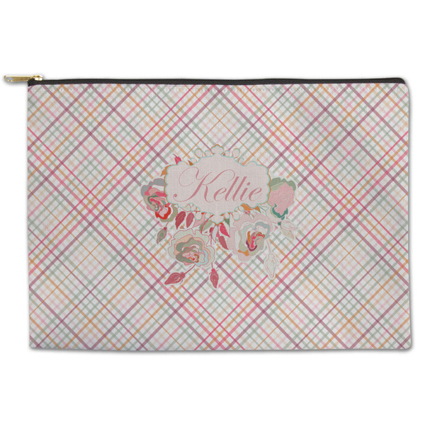 Custom Modern Plaid & Floral Zipper Pouch - Large - 12.5"x8.5" (Personalized)