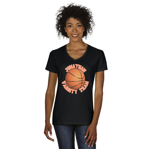 Custom Basketball Women's V-Neck T-Shirt - Black - 2XL (Personalized)