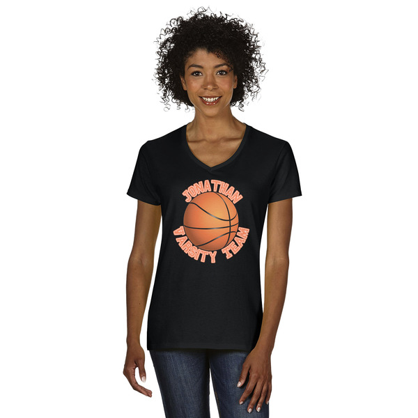 Custom Basketball Women's V-Neck T-Shirt - Black (Personalized)