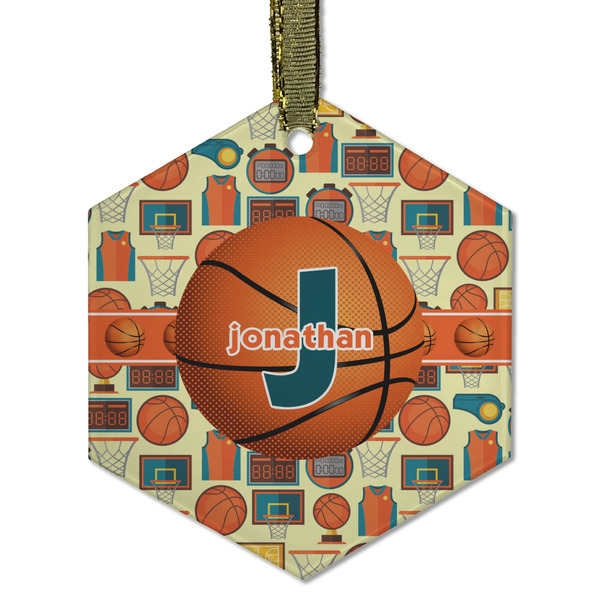 Custom Basketball Flat Glass Ornament - Hexagon w/ Name or Text