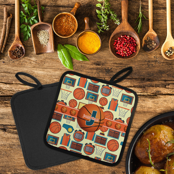 Basketball Neoprene Pot Holder - Set of 2  LIFESTYLE (Flatlay)