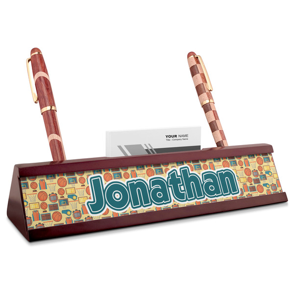 Custom Basketball Red Mahogany Nameplate with Business Card Holder (Personalized)