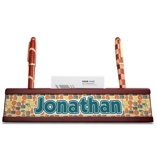 Basketball Red Mahogany Nameplates with Business Card Holder - Straight
