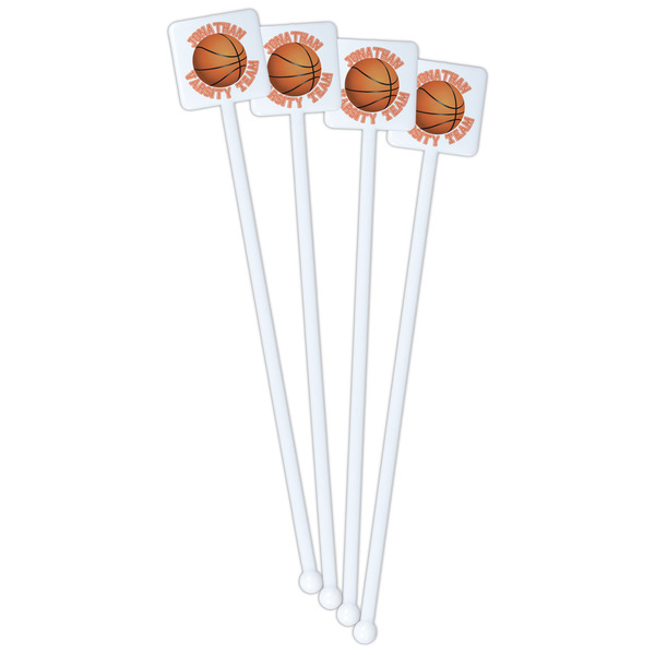 Basketball White Plastic Stir Stick - Single Sided - Square - Front