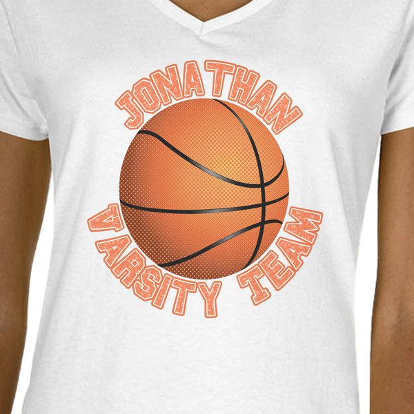 Basketball White V-Neck T-Shirt on Model - CloseUp