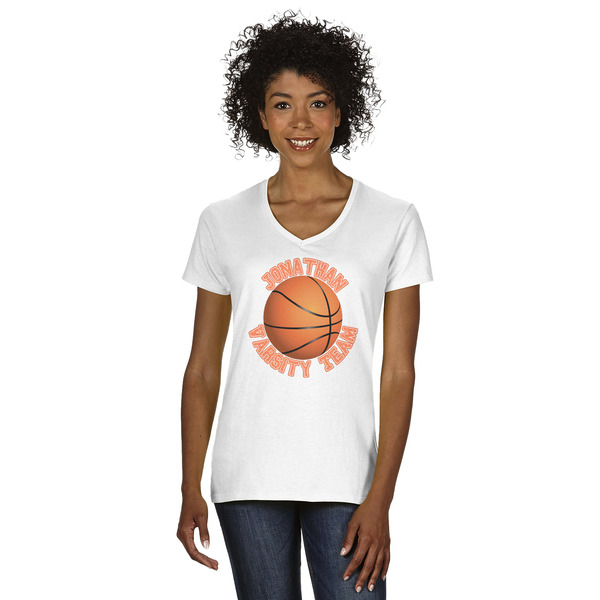 Custom Basketball Women's V-Neck T-Shirt - White (Personalized)