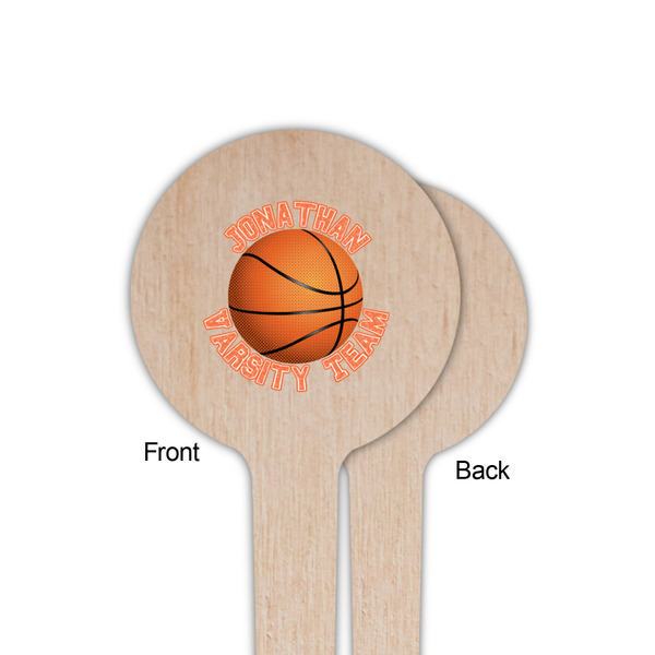 Basketball Wooden 4" Food Pick - Round - Single Sided - Front & Back
