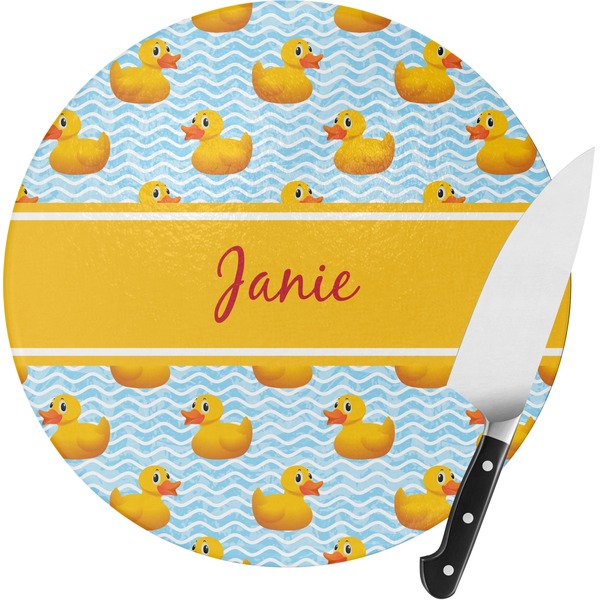 Custom Rubber Duckie Round Glass Cutting Board - Small (Personalized)