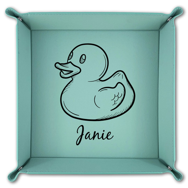 Rubber Duckie 9" x 9" Teal Leatherette Snap Up Tray - FOLDED