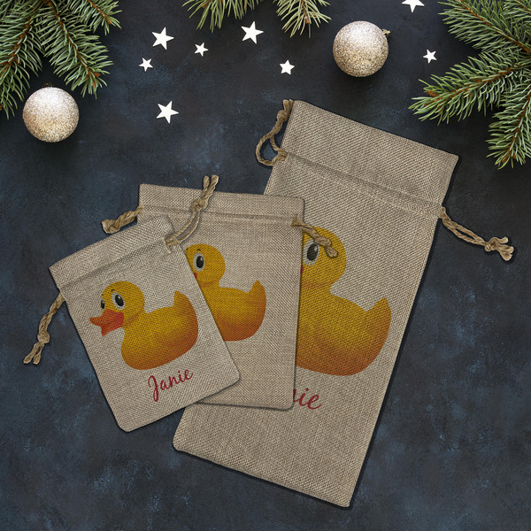 Rubber Duckie Burlap Gift Bags - LIFESTYLE (Flat lay)