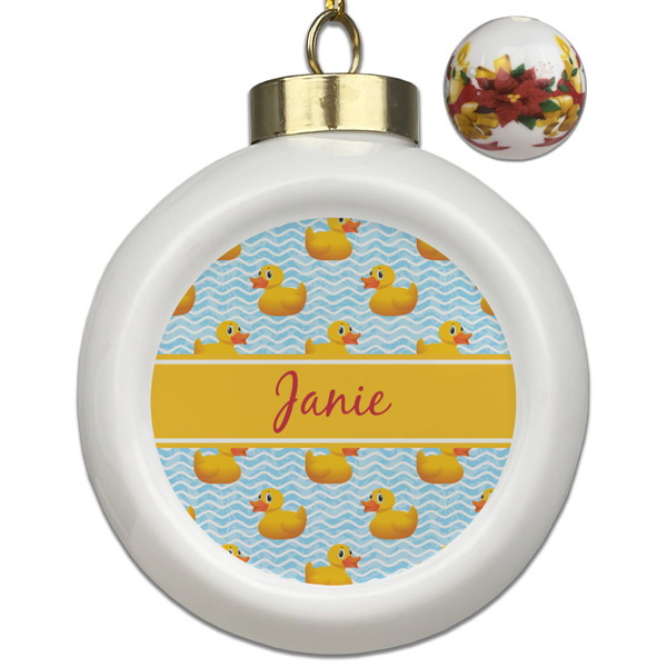 Custom Rubber Duckie Ceramic Ball Ornaments - Poinsettia Garland (Personalized)