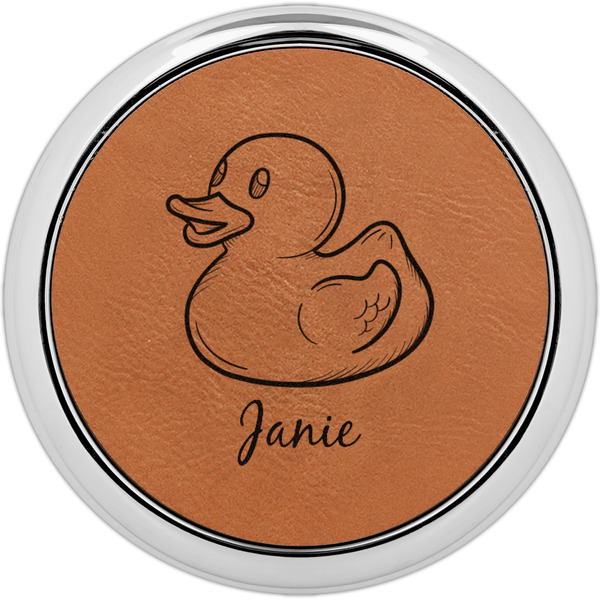 Custom Rubber Duckie Set of 4 Leatherette Round Coasters w/ Silver Edge (Personalized)