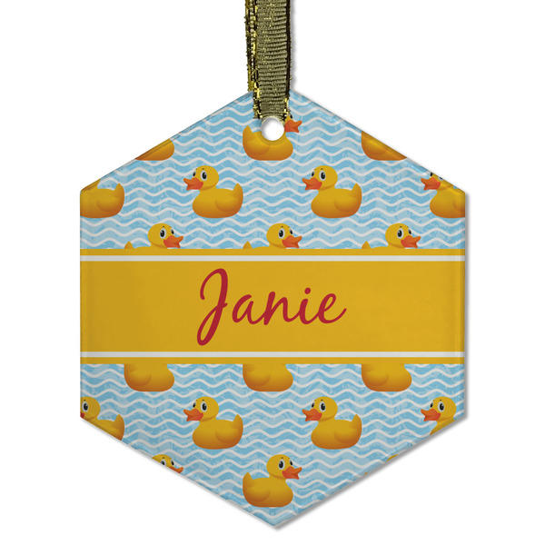 Custom Rubber Duckie Flat Glass Ornament - Hexagon w/ Name or Text