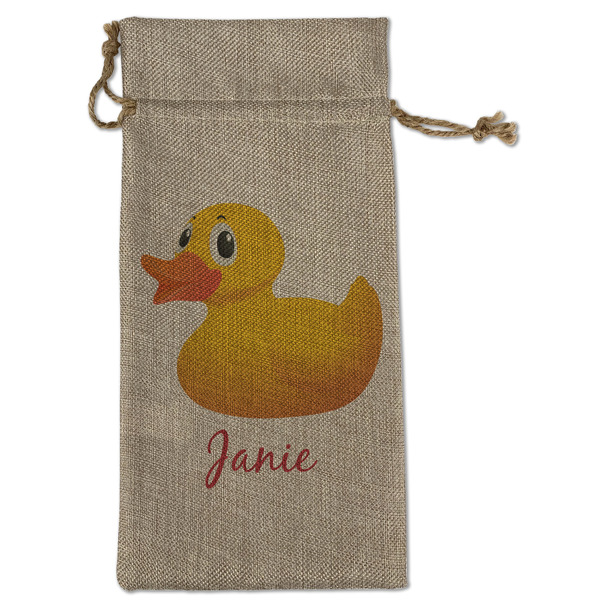 Custom Rubber Duckie Large Burlap Gift Bag - Front
