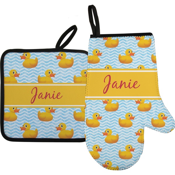 Custom Rubber Duckie Right Oven Mitt & Pot Holder Set w/ Name or Text