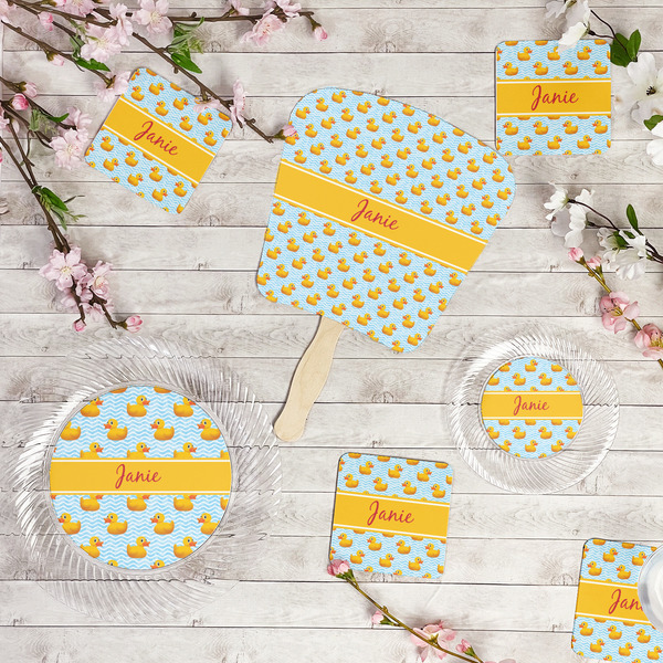 Rubber Duckie Party Supplies Combination Image - All items - Plates, Coasters, Fans