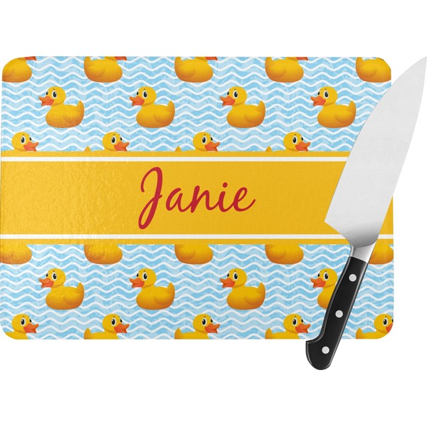 Custom Rubber Duckie Rectangular Glass Cutting Board - Large - 15.25"x11.25" w/ Name or Text
