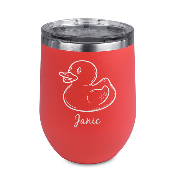 Custom Rubber Duckie Stemless Stainless Steel Wine Tumbler - Coral - Single Sided (Personalized)