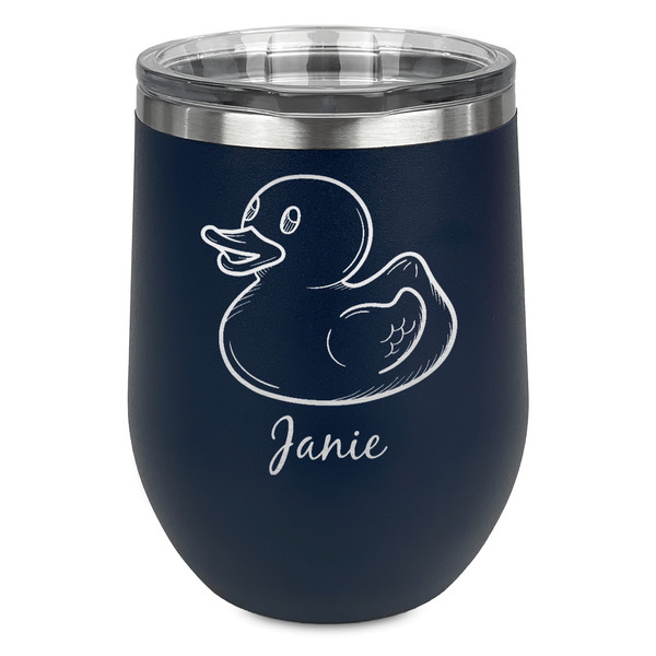 Custom Rubber Duckie Stemless Stainless Steel Wine Tumbler - Navy - Double Sided (Personalized)