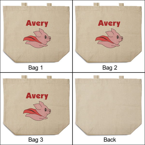 Flying Pigs 3 Reusable Cotton Grocery Bags - Front & Back View